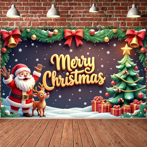 Santa Claus Design Merry Christmas Banner Reindeer Pattern Xmas Display Christmas Tree Decor Gift Box Elements Christmas Backdrop for Christmas Party Holiday Decoration Family Gathering