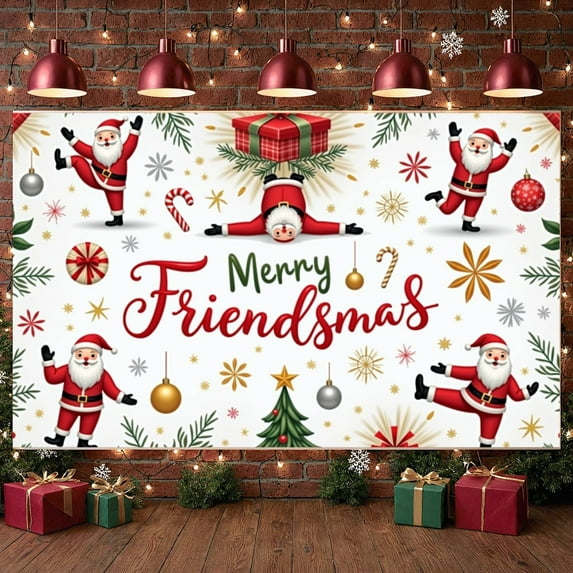 Santa Claus Design Merry Friendsmas Banner Gift Box Pattern Christmas Display Christmas Tree Motif Candy Cane Festive Backdrop for Christmas Party Friends Gathering Family Celebration