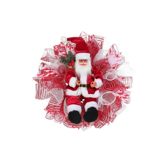 Santa Claus Doll Mesh Wreath for Front Door Wall Hanging Christmas Holiday Home Decor Indoor Outdoor Display