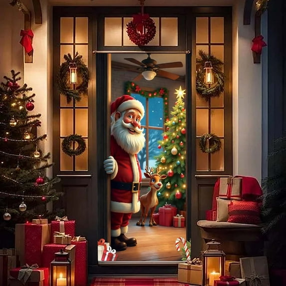 Santa Claus Door Frame Banner, 71×35 In Funny Merry Christmas Door Covers for Front Doors Decorative, Fall Doors Cover with Reindeer, Indoor and Outdoor Xmas Holiday Party Decor