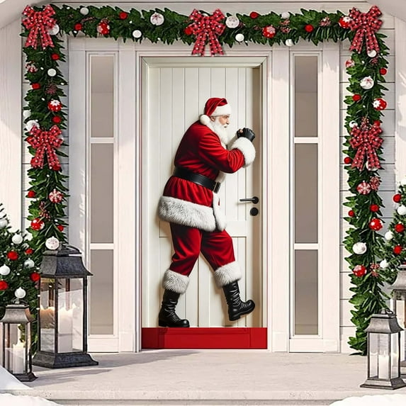 Santa Claus Door Frame Banner, Funny Merry Christmas Door Covers for Front Doors Decorative, Fall Doors Cover with Reindeer, Santa Background for Indoor Outdoor Home Winter Holiday 71×35 In