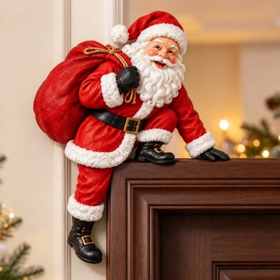 Santa Claus Door Topper Decoration, Resin Santa Climbing Door Frame Ornament with Gift Sack, Christmas Door Top Figurine for Xmas Home Wall Decor (Santa)