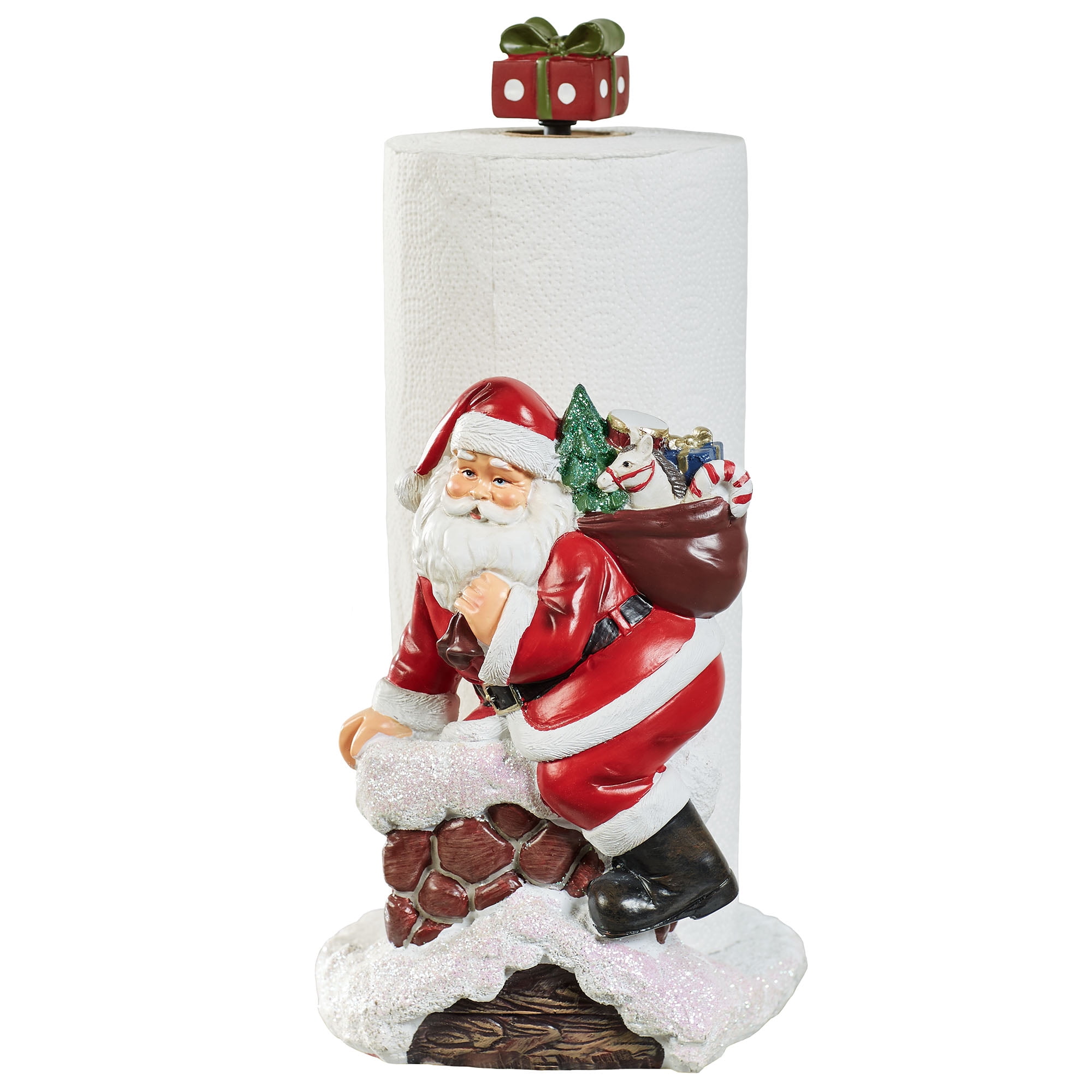 Santa Claus Down the Chimney Paper Towel Holder Holiday Red - 13 Inches High 7"Wx8"Dx13.5"H