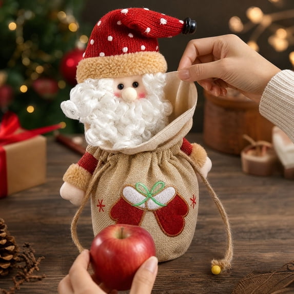 Santa Items Santa Claus Drawstring Gift Bag with Knitted Hat and Burlap Body, Red ...