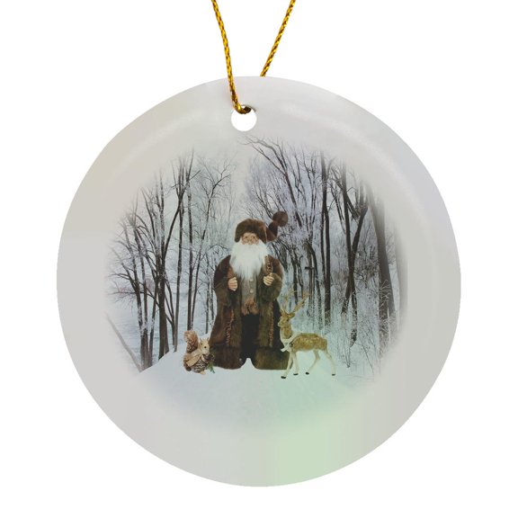 3drose, Santa Claus Dressed in Brown with Deer and Squirrel, Circle Porcelain Ornament