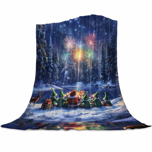 Santa Claus Elf Flannel Blanket for Bed,Travel and Camping, Snow Forest Fireworks Christmas Super Soft Cozy Blanket for All Seasons 60"x80"