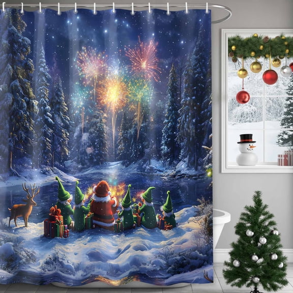 Santa Claus Elf Shower Curtains for Bathroom, Snow Forest Fireworks Christmas Waterproof Fabric Shower Curtain for Bathroom Bathtub Decoration, Machine Washable, 36"x72"