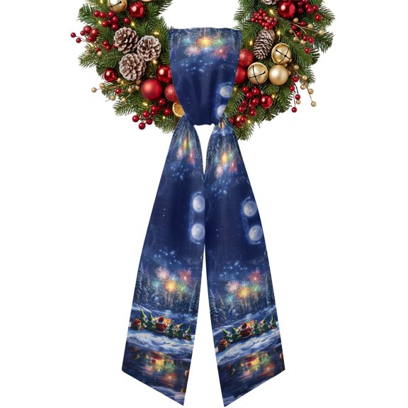 Santa Claus Elf Wreath Sash for Front Door, Snow Forest Fireworks Christmas Satin Wreath Ribbon Bow Accessory Garland Home Decor for Doorway Porch Yard 4.5x56
