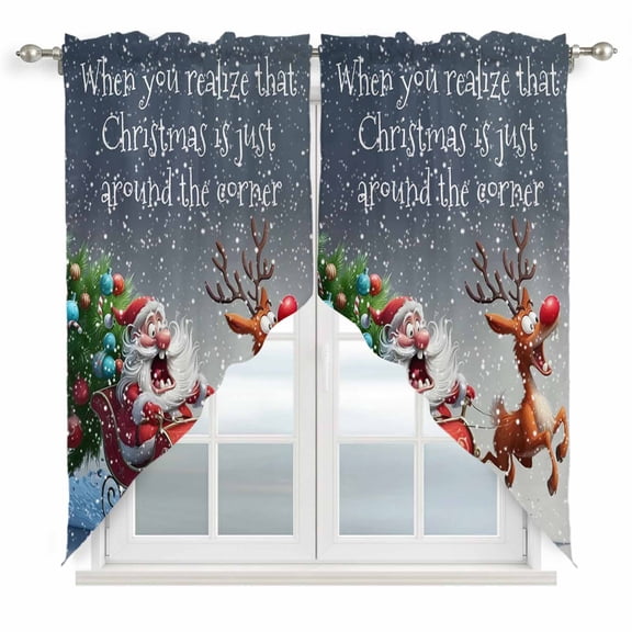 Santa Claus Elk Swag Valances for Windows, Kitchen Curtains 36 Inch Length 2 Panels Set, Xmas Pine Trees Snowflakes Winter Gray Short Curtains for Small Windows Rod Pocket Cafe Curtains 28"x36"