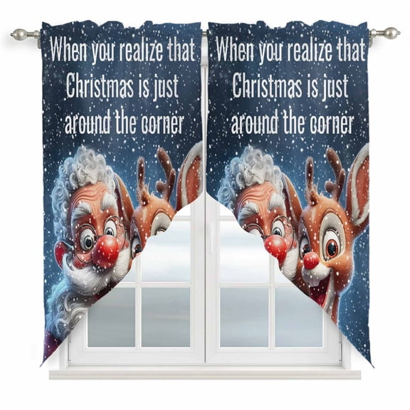Santa Claus Elk Swag Valances for Windows, Kitchen Curtains 36 Inch Length 2 Panels Set, Xmas Snowflakes Deer Winter Blue Short Curtains for Small Windows Rod Pocket Cafe Curtains Drapes 28"x36"