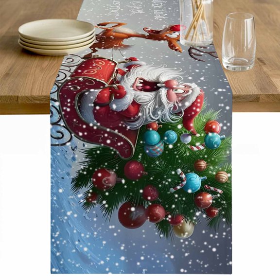 Santa Claus Elk Table Runner 48 Inches Long Farmhouse Dress Scarves, Xmas Pine Trees Snowflakes Winter Gray Dining Tablerunner for Coffee Table/Kitchen Island/Party Décor, 13" x 48"