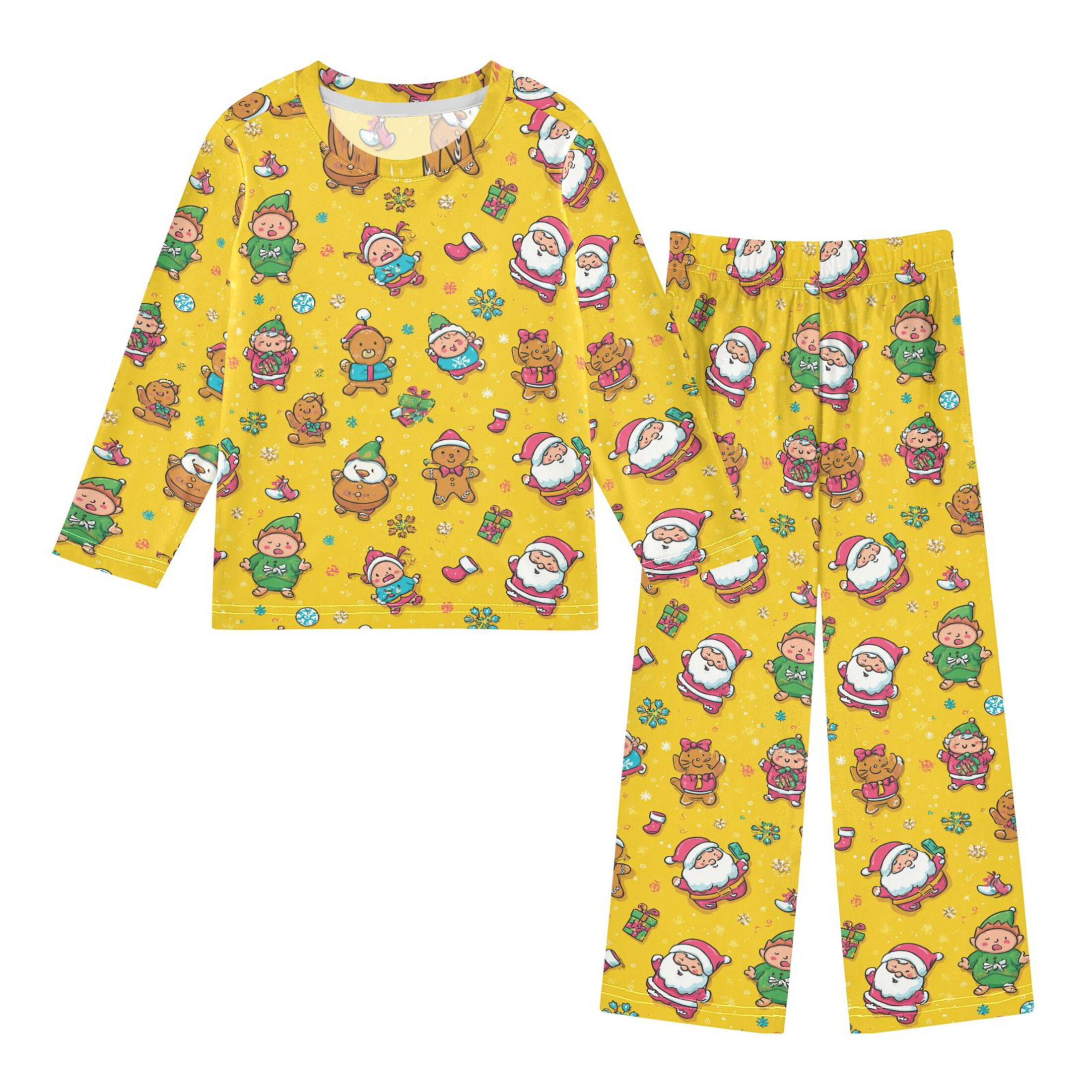 Santa Claus Elves and Gingerbread Men Cozy Soft Long Sleeves Top and Pants 2 Piece Cool Pjs Pajamas Set Sleepwear Size 3-11Y