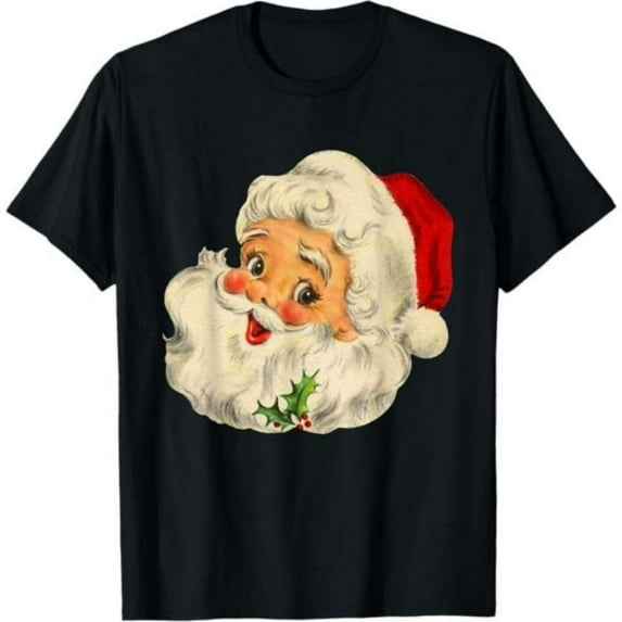 Santa Claus Face Vintage Funny Graphic Tees for Women, Christmas Novelty Top，Round neck，Cute，cotton，black，S-5XL