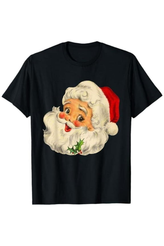 Santa Claus Face Vintage Funny Graphic Tees for Women, Christmas Novelty Top,Round neck,Cute,cotton,black,S-5XL
