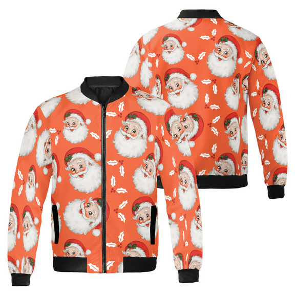 Santa Claus Faces Pattern Christmas Bomber Jacket - Festive Holiday Zip‑Up Jacket, Merry Christmas Outerwear for Men & Women