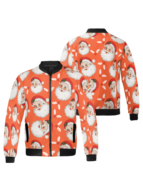 Santa Claus Faces Pattern Christmas Bomber Jacket - Festive Holiday Zip‑Up Jacket, Merry Christmas Outerwear