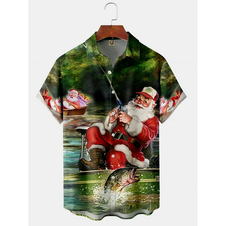Santa Claus Fishing pattern Chrismtas clothing Chest Pocket Short Sleeve  Hawaiian Shirt
