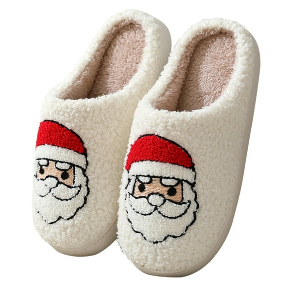 Santa Claus Fluffy Fur Slippers Women Cozy Furry Slippers Flat Cute Warm House Shoes for Winter Indoor White 36-37