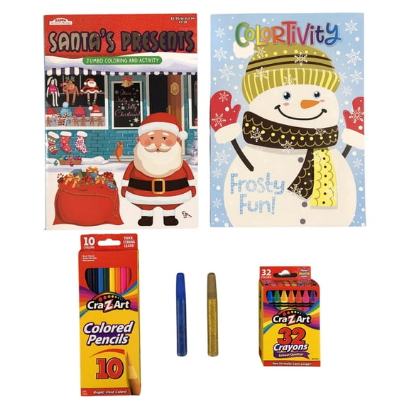 Santa Claus Frosty Fun Rudolph Reindeer Christmas Fun Coloring and Activity Christmas Gift Craft Books, 2-Glitter Glue, 10-Colored Pencils, With FREE self-Sealing Christmas gift bag for All Kids