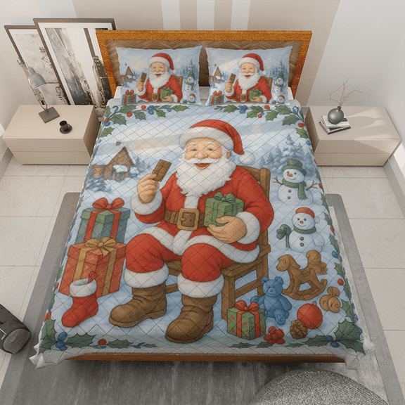 Santa Claus With Gifts Christmas Quilt Bedding Set, Christmas Holiday Decorative Gift, Winter Design -Perfect for Kids and Family Bedrooms, Christmas Décor