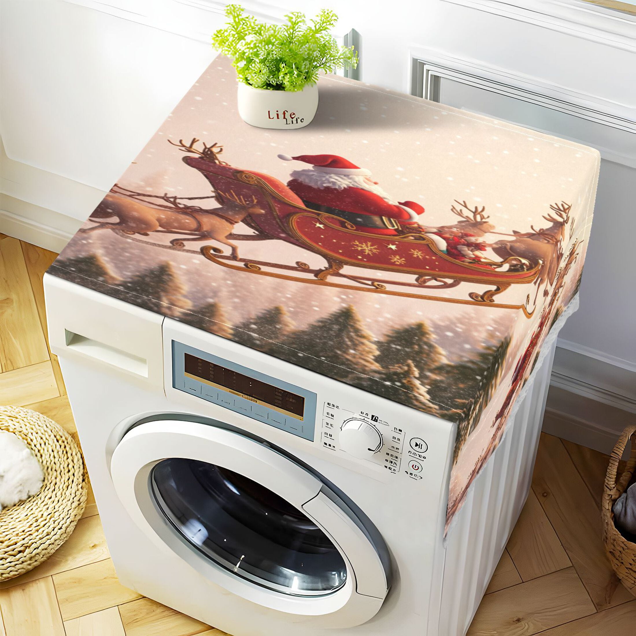 Santa Claus Giving Presents Washer and Dryer Covers Dust-Proof and Oil Resistant Fridge Cover with 4 Storage Pockets Washing Machine Top Cover for Laundry Kitchen Home 51.2 x 22 In