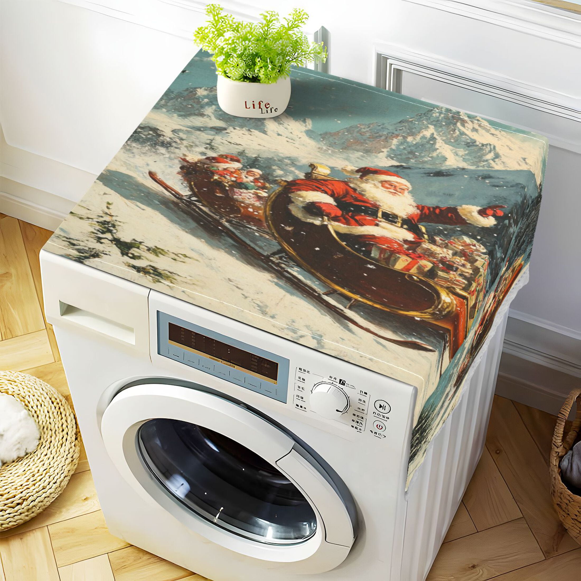 Santa Claus Giving Presents Washer and Dryer Covers Dust-Proof and Oil Resistant Fridge Cover with 4 Storage Pockets Washing Machine Top Cover for Laundry Kitchen Home 51.2 x 22 In