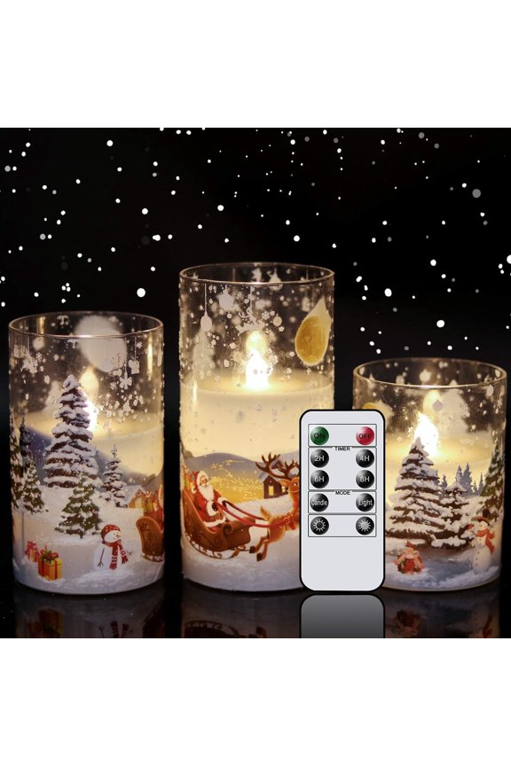 Santa Claus Glass Flameless Candle with Remote Timer Operated Flickering LED Pillar Candles 3 Pack Warm White Light Christmas Decal Candles Set of 3 (D3" x H 4" 5" 6") - Santa Sleigh
