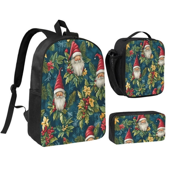 Santa Claus Gnome Backpack 17 Inch Set with Lunch Bag and CaseDurableTravel Bag Combo for Work Commuting Daily Use
