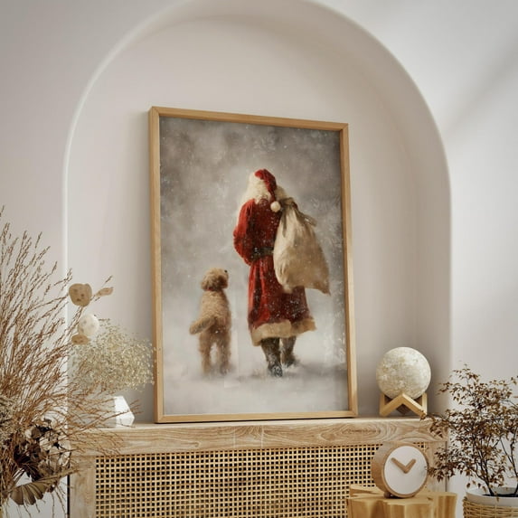 Santa Claus Goldendoodle Art Print: Winter Snowfall Print Christmas Cottagecore Decor, Doodle Dog Painting, 16x24 UNFRAMED