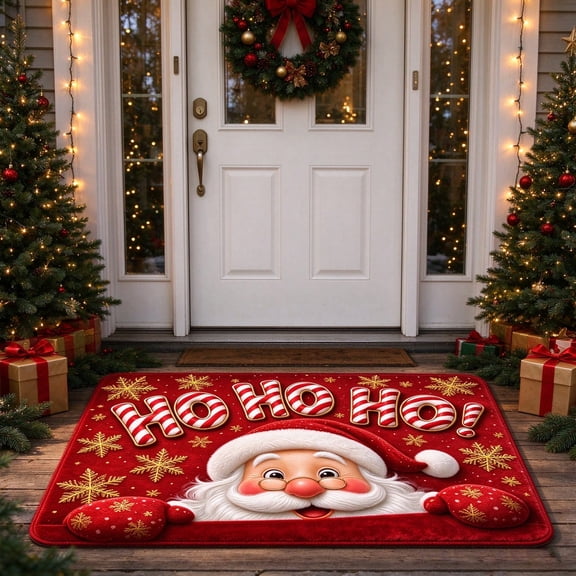 Santa Claus HO HO HO Christmas Entryway Rug, Cute Santa Snowflake Floor Mat, Non-Slip Absorbent Flannel Rug for Front Door, Bathroom, Kitchen