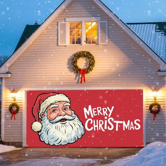 Santa Claus with Hat Garage Door Banner Covers, Merry Christmas Red Background Large Hanging Indoor/Outdoor Backdrop Background for Christmas Winter Party Decor, 6x13 FT