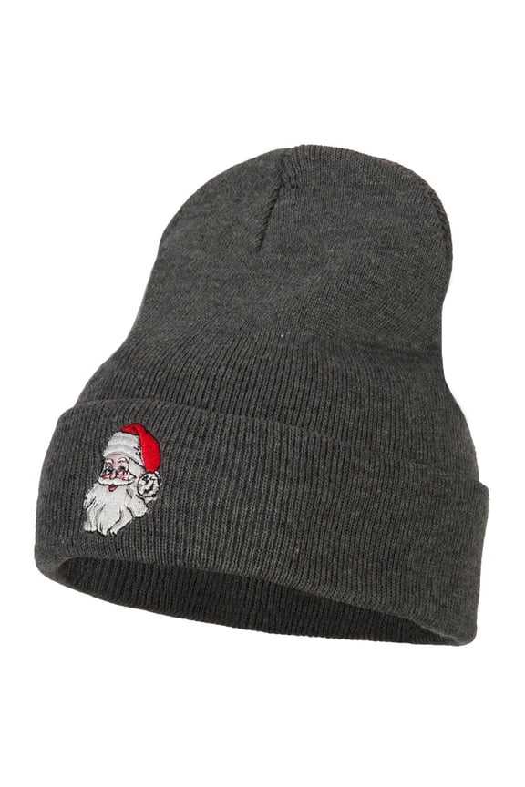 Santa Claus Head Embroidered Long Knitted Beanie - Dk Grey OSFM