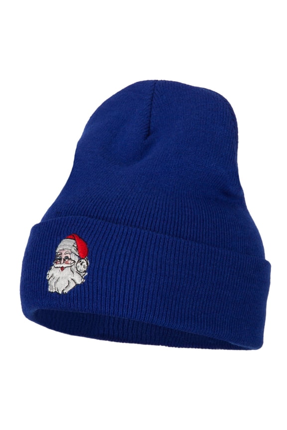 Santa Claus Head Embroidered Long Knitted Beanie - Royal OSFM