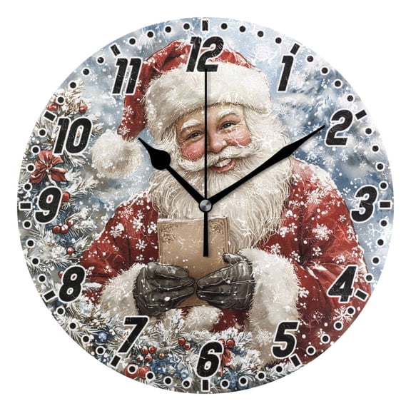 Santa Claus Hold Letter Round Wall Clock Battery Operated Silent Non-Ticking Bedroom Office Kitchen Home School Decor 10"(Black)