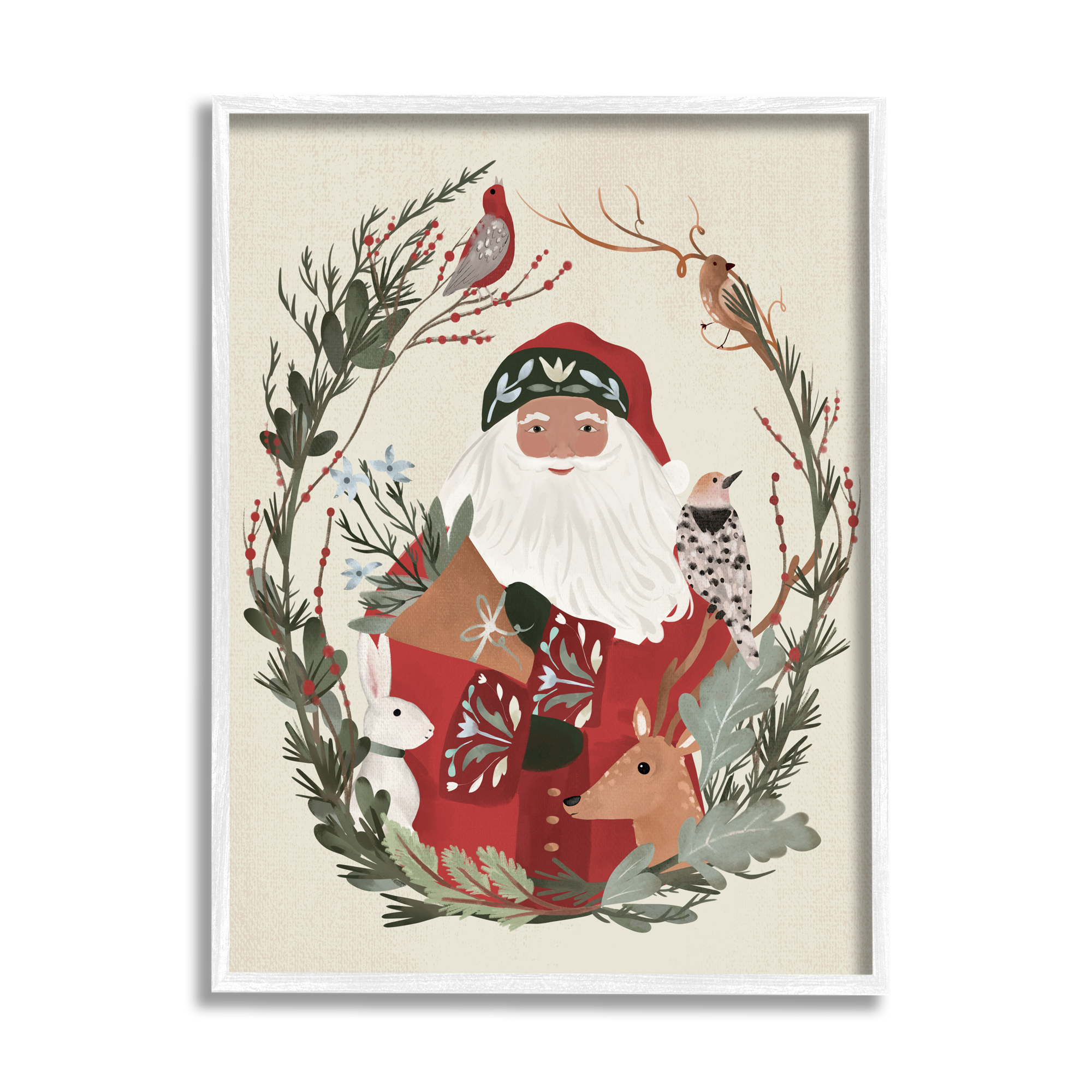 Santa Claus Holiday Wildlife Leaf Botanical Border Animals & Insects Painting Framed Art Print Wall Art