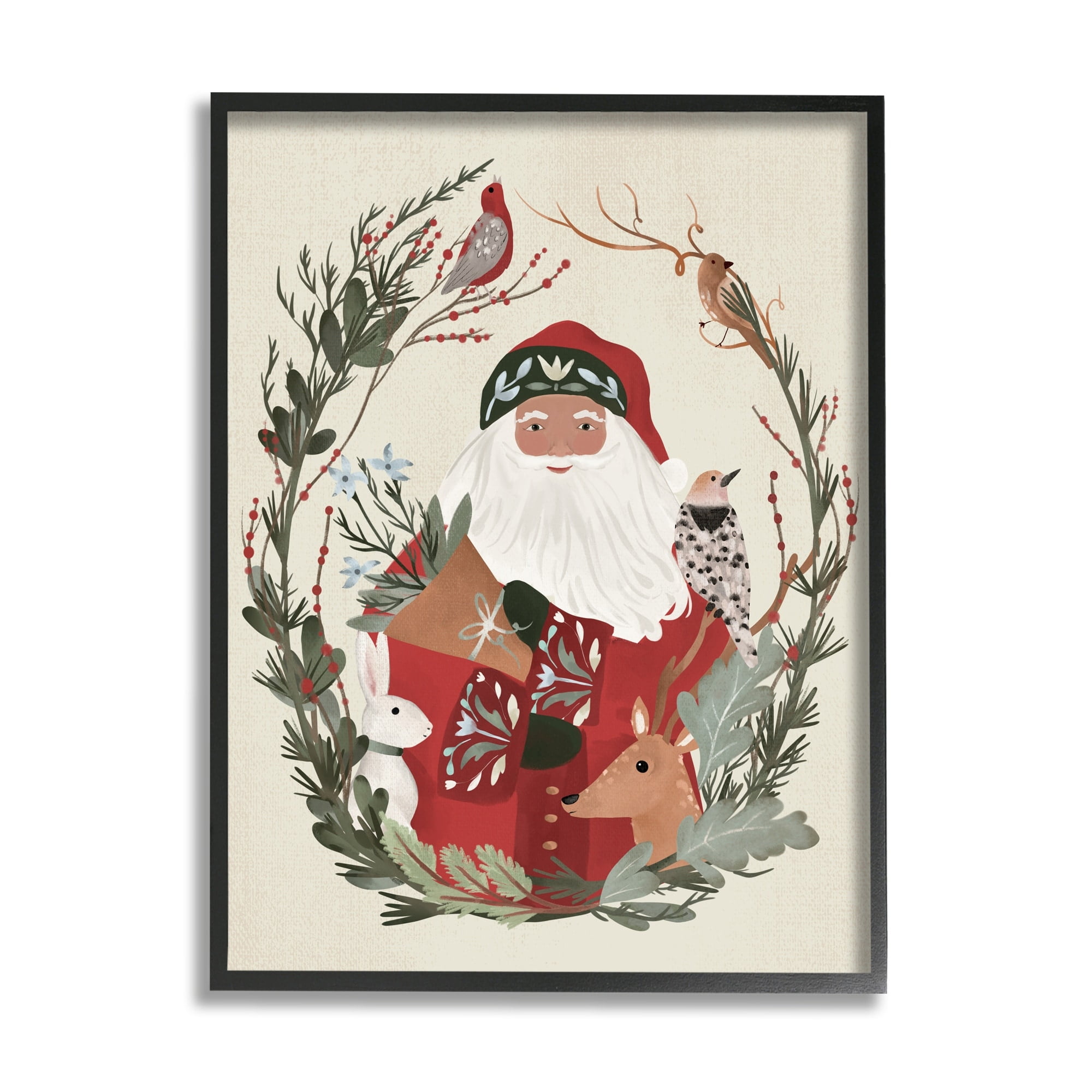 Santa Claus Holiday Wildlife Leaf Botanical Border Animals & Insects Painting Framed Art Print Wall Art