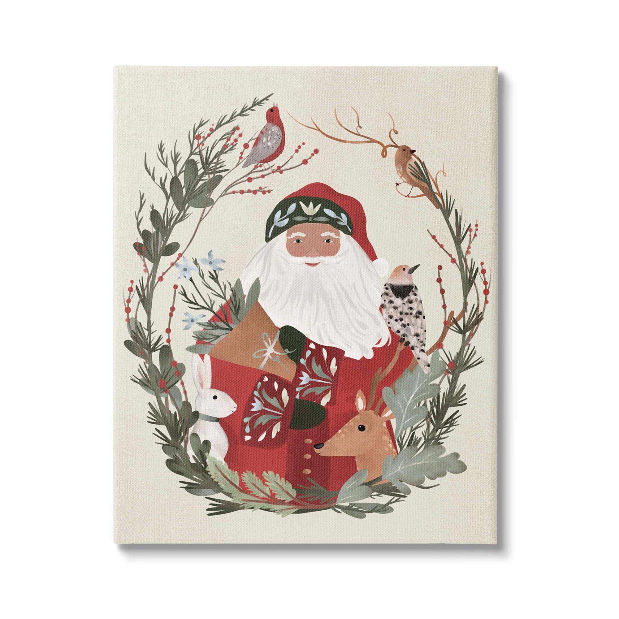 Santa Claus Holiday Wildlife Leaf Botanical Border Animals & Insects Painting Gallery-Wrapped Canvas Print Wall Art