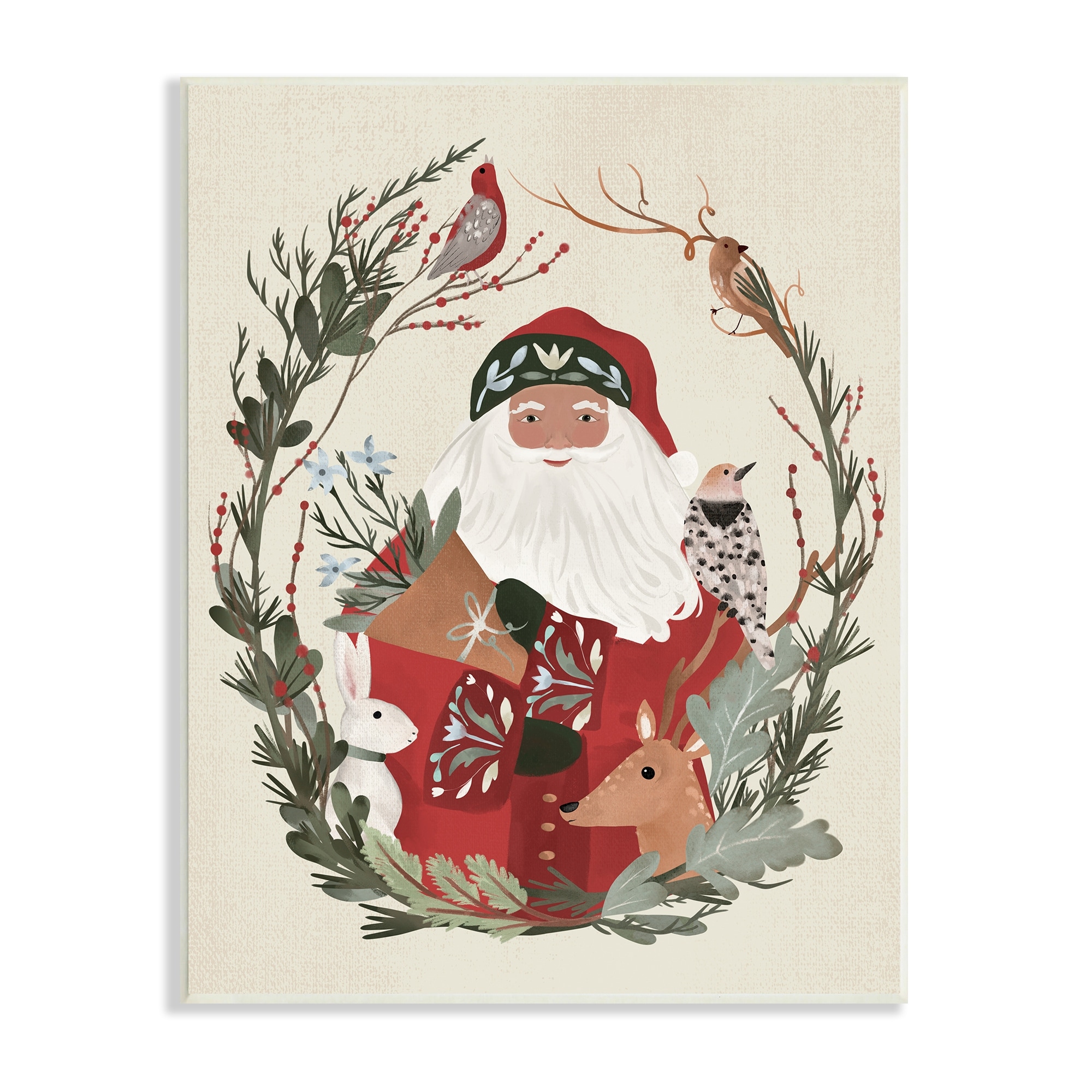 Santa Claus Holiday Wildlife Leaf Botanical Border Animals & Insects Painting Unframed Art Print Wall Art