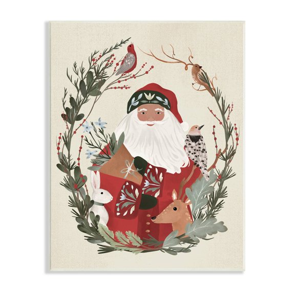 Santa Claus Holiday Wildlife Leaf Botanical Border Animals & Insects Painting Unframed Art Print Wall Art