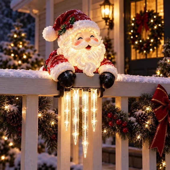 Santa Claus Icicle Lights, Christmas Warm LED Railing Decor, Lighted Santa Holiday Decoration with Clamp Base for Porch Deck Balcony Garden Fence