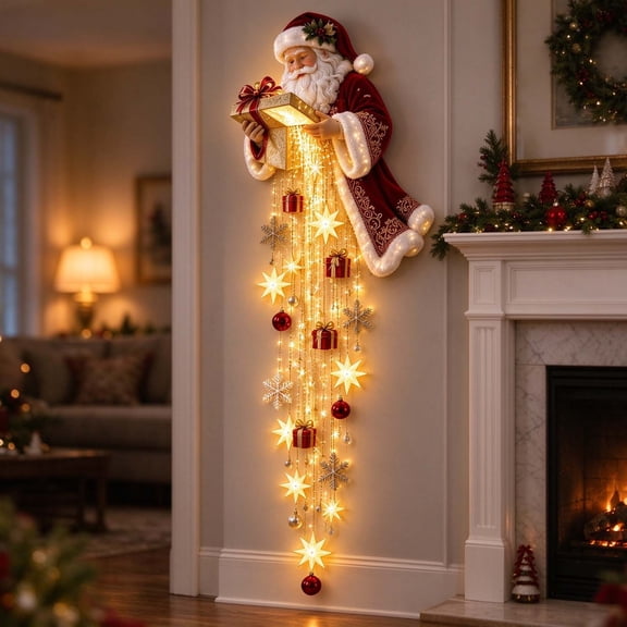 Santa Claus Illuminated Wall Decor Light - Hanging Decoration with Warm White LED, Battery Operated, Easy Wall Placement for Small Apartments,11"