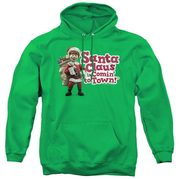 Santa Claus Is Comin' To Town Santa Logo Unisex Adult Pull-Over Hoodie, Kelly Green, Medium