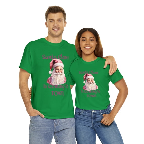 Santa Claus Is Coming To Town Unisex Pink Streetwear Heavy Cotton T-shirt