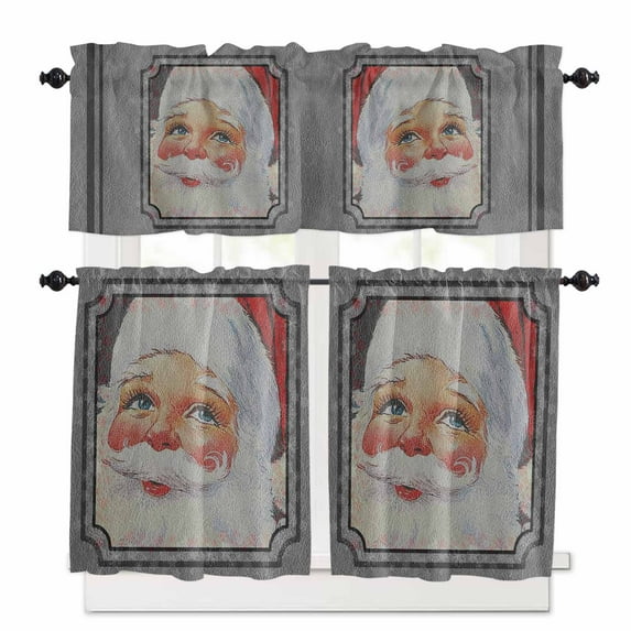 Santa Claus Kitchen Curtains and Valances Set, Christmas Xmas Retro Grey Rod Pocket Window Valance 18 Inch Window Curtain Panels for Living Room Bedroom Laundry, 27.5x24in, 3 Pieces