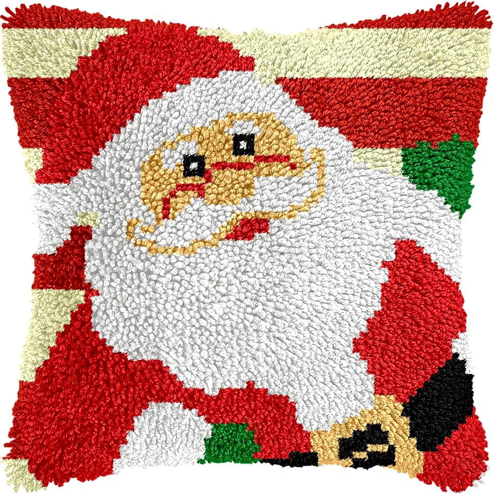 Santa Claus Latch Hook Pillow Cover Kits for DIY Handmade Throw Pillow Cross Stitch Latch Hooking Pillowcase Kits with Preprinted Color Pattern Canvas Crochet Yarn Kits 17''X 17''(8-52)