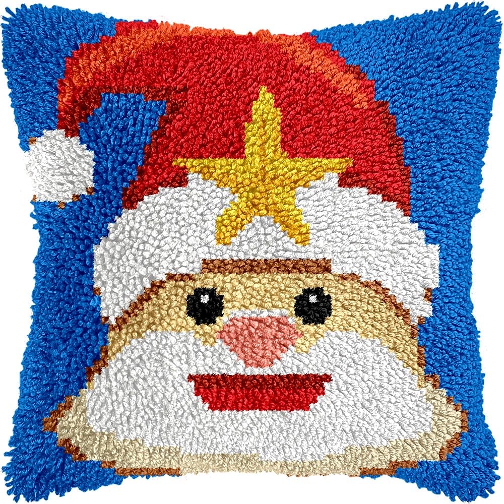 Santa Claus Latch Hook Pillow Kits for DIY Throw Pillow Cushion Embroidery Latch Hooking Pillowcase Kits with Preprinted Canvas Crochet Yarn Kits for Home Decor 17''X 17''(d39)