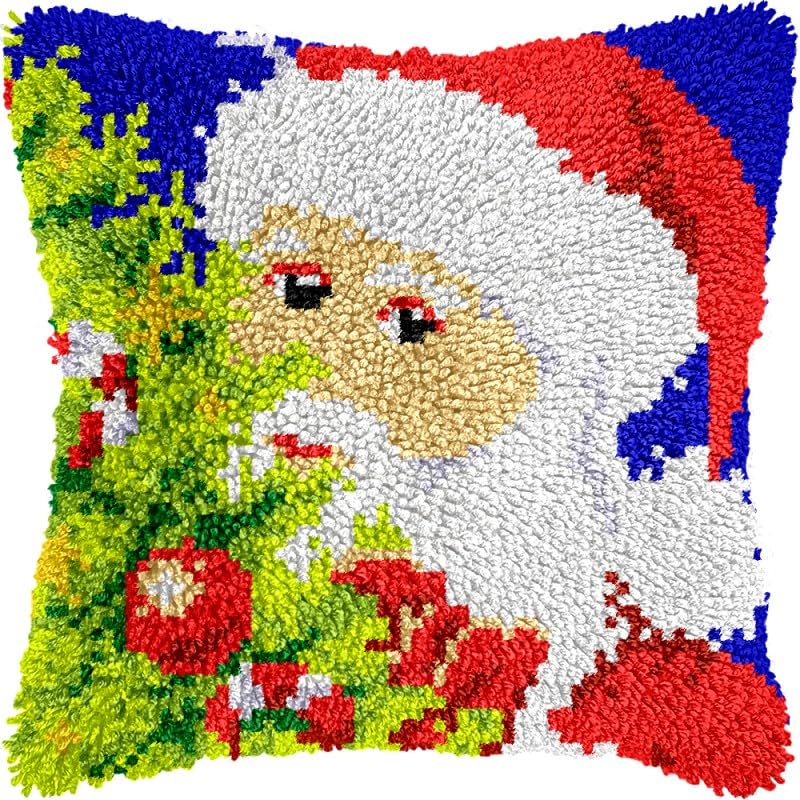 Santa Claus Latch Hook Pillows Kits Cushion Pillow Cover with Pattern Printed Canvas Sofa Hooking Pillowcase Crafts Embroidery Latch Hooking Crochet Kits Set 17x17 inch(1)