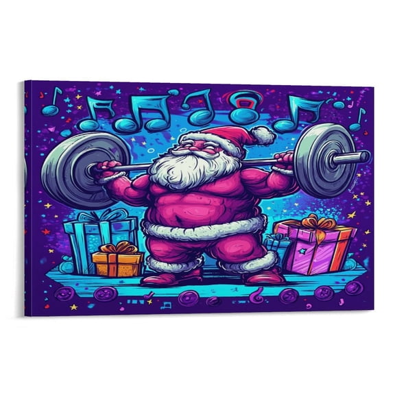 Santa Claus Lifting Weights with Gifts Canvas Wall Decor for Bedroom Christmas Decorations Canvas Pictures Wall Art for Home Pet Kids Wedding Bedroom Wall Art Canvas Prints 08x12inch Framed