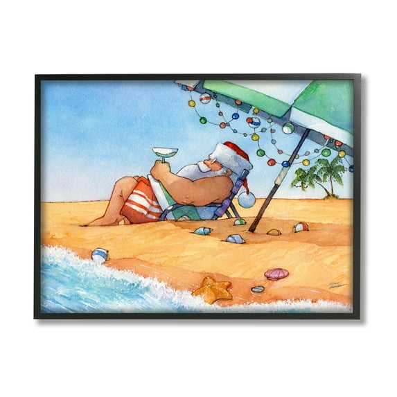 Santa Claus Lounging Beach Umbrella Seaside Christmas Holiday Painting Framed Art Print Wall Art