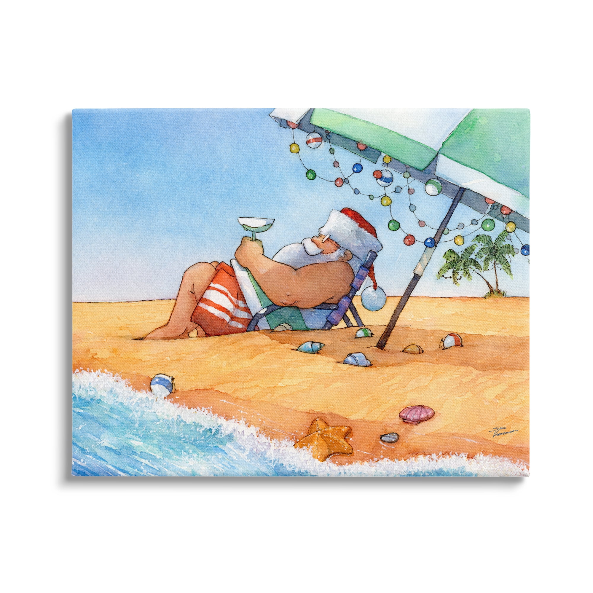 Santa Claus Lounging Beach Umbrella Seaside Christmas Holiday Painting Gallery-Wrapped Canvas Print Wall Art
